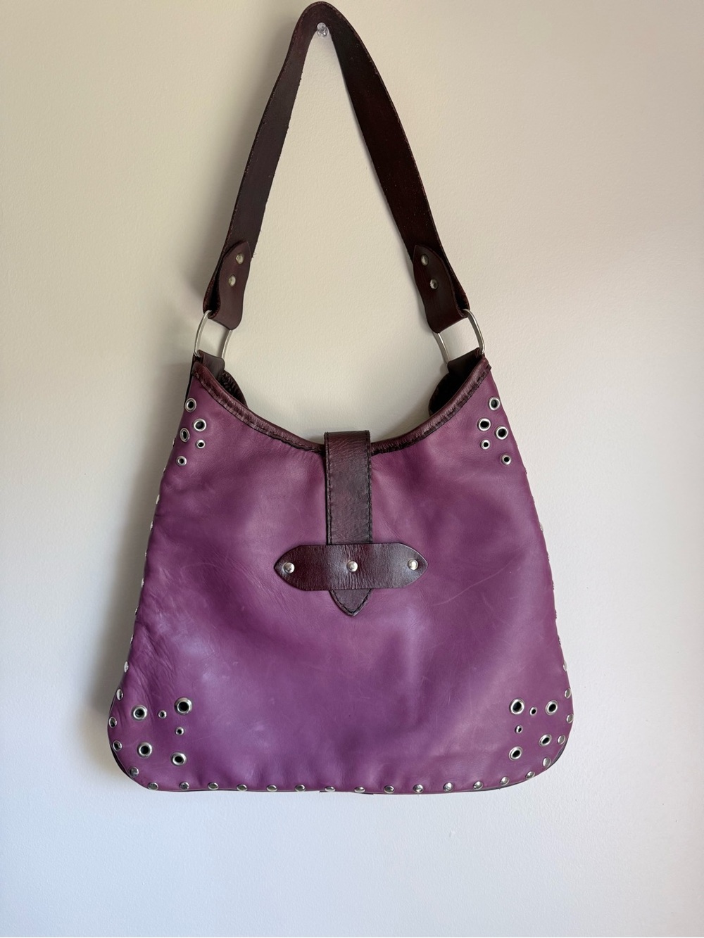 Vintage Plum Purple Real Leather Hobo Bag with Stud Accents